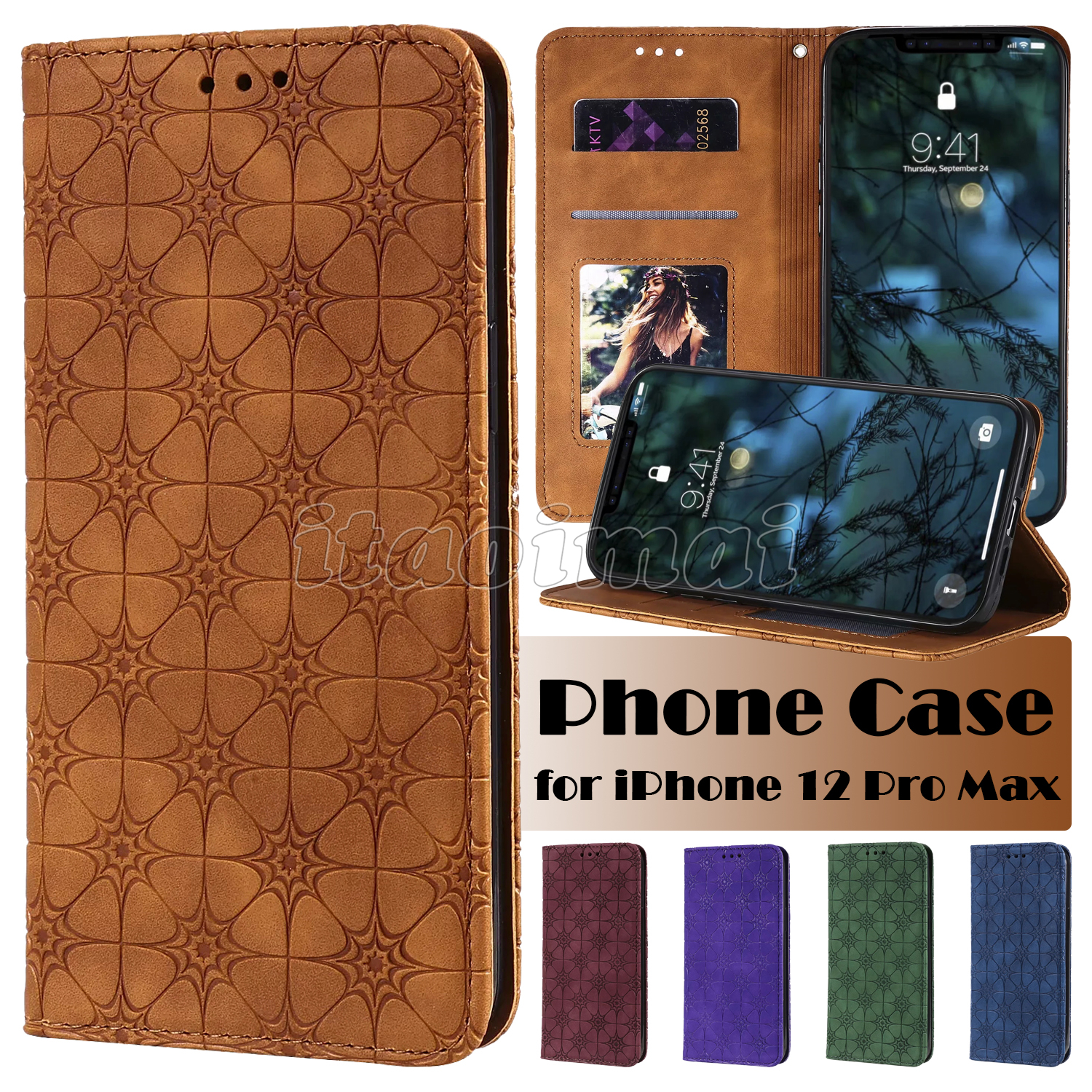 

Wallet Phone Cases for iPhone 12 Mini 11 Pro X XR XS Max 7 8 Plus Samsung Galaxy S21 Ultra Lucky Flower Pattern Embossing PU Leather Flip Stand Cover Case, Wine red