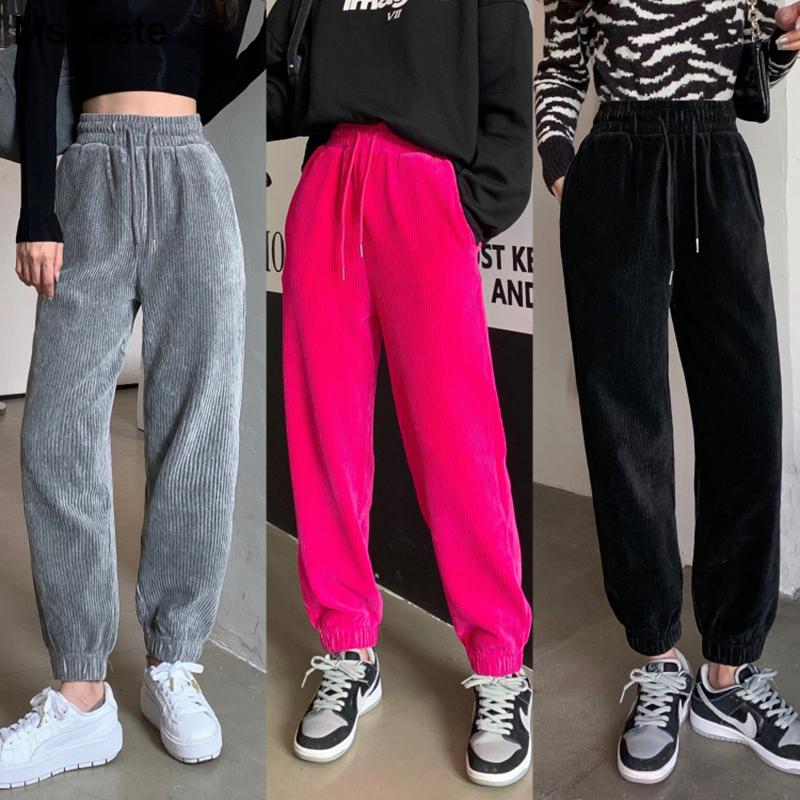 

Pants Women Corduroy High Waist Loose Casual Lady Harem Pants Sportwear Trousers Pantolones Wide Leg Elastic Waist Woman, Black