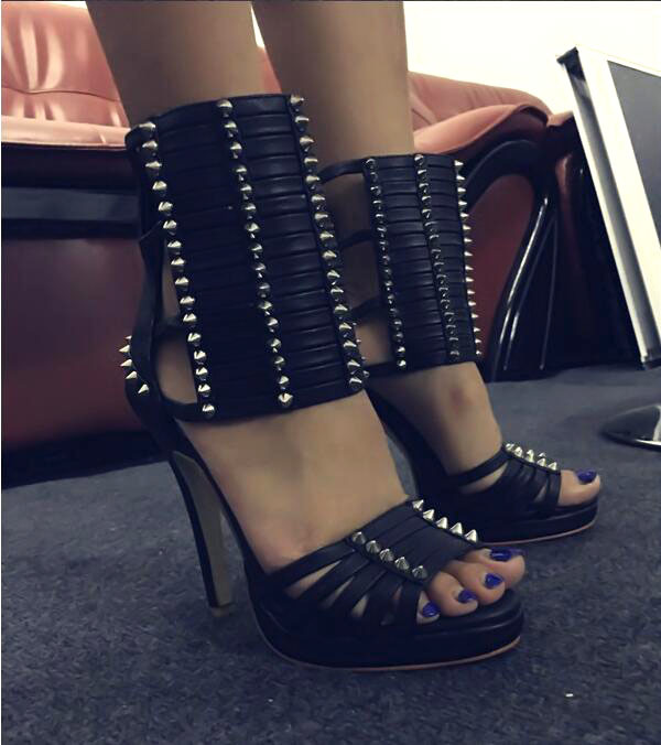 

Black Summer Sexy Women Ferret Rivets Studs Sandals Peep Toe Zip Back Platform Gladiator Heels High Ankle Short Boots H3sa