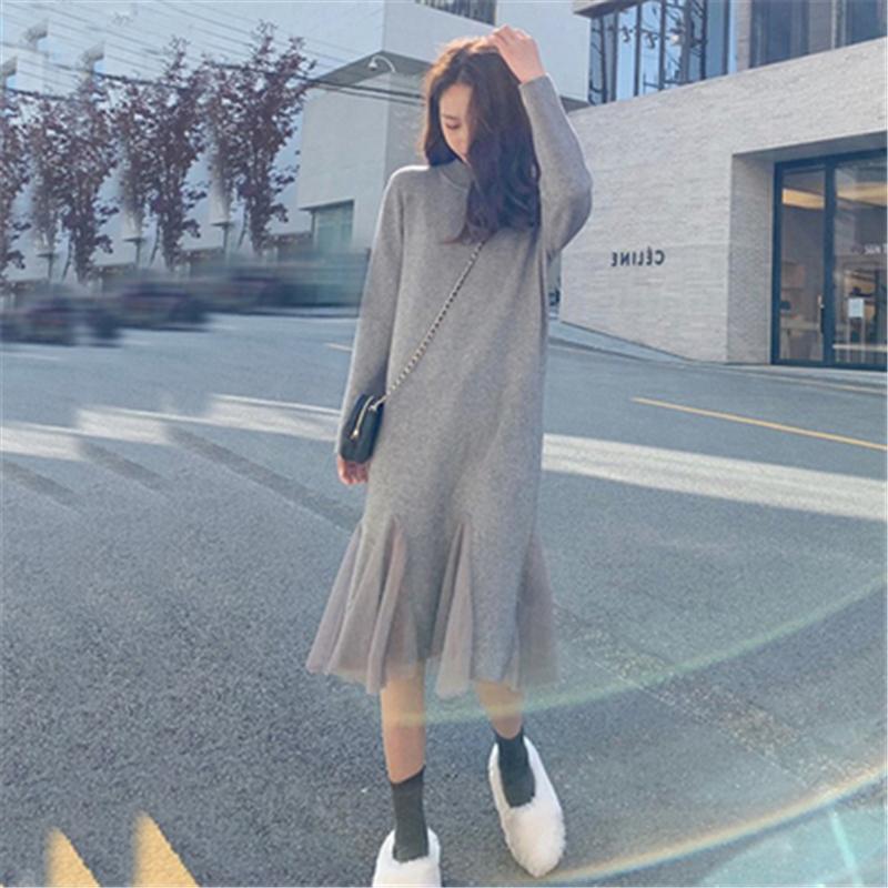 

Women Patchwork Mermaid Temperament Casual Round Mesh Neck Long Sleeve Loose Knitted Autumn Sweater Dress, Black