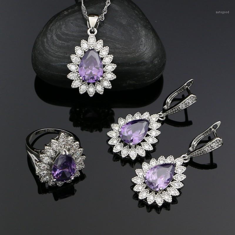 

Earrings & Necklace 925 Silver Bridal Jewelry Sets For Women Purple Cubic Zirconia Pendant Ring Set Wedding Accessories1, As pic