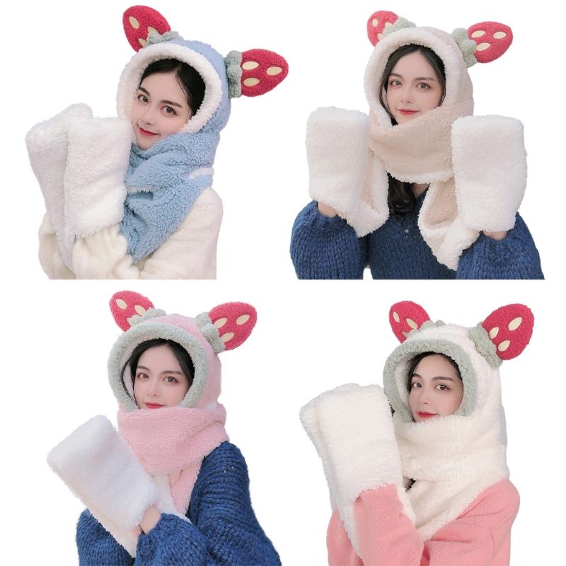 

Women Winter Warm Cartoon Strawberry Ears 3 In 1 Plush Hooded Scarf Hat Gloves M89E