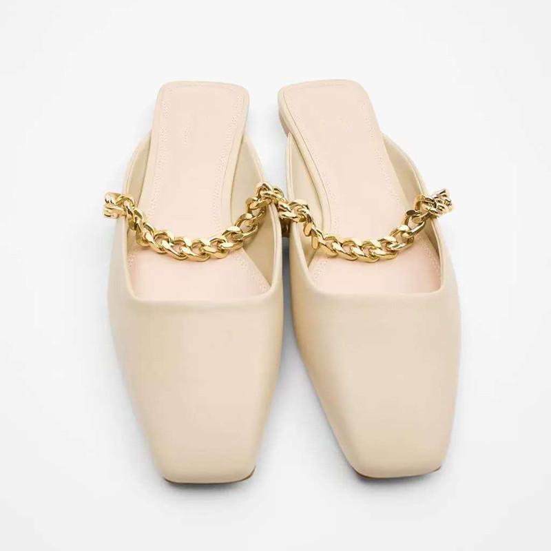 

2021 New Autumn Loafers Chain Rear Empty Women's Slides Natural Leather Square Head Low Top Solid Color Slippers, Beige