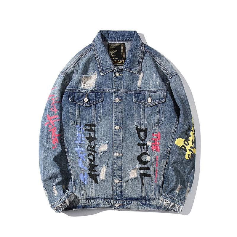 

Hole Graffiti Jeans Jacket Men Winter Loose Casual Chaqueta Hombre Windbreaker Denim Coat Man Jacket Autumn 2020 Bomber, Blue