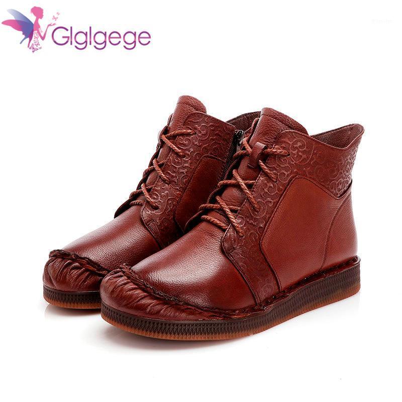 

GLGL 2021 Handmade Women'S Leather Ankle Boots Soft Bottom Flat Mori Girl Side Lace-up Round Toe Retro Stort Boots Coffee/Khaki1, Ga00570-brown
