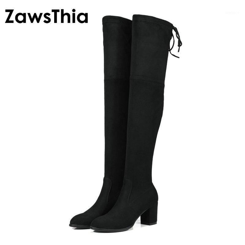

ZawsThia 2020 Stretch Women Boots Sexy Fashion Over the Knee Boots Sexy Block Square Heel Woman Shoes Black size 34-431, Khaki