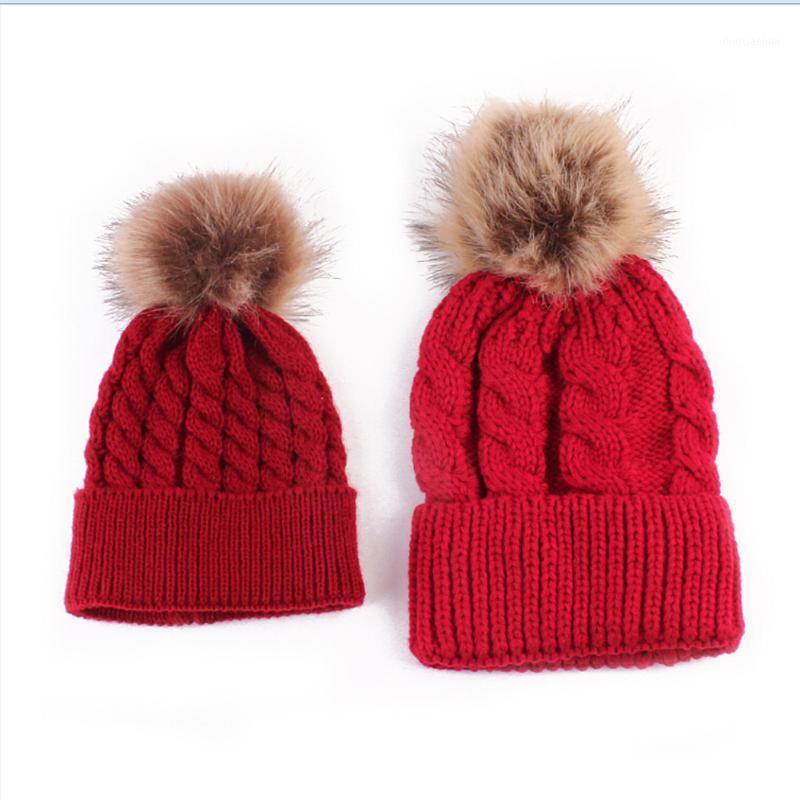 

2020 Newborn Girls Boys Winter Warmer Wool Fur Kids Cap Pompom Ball Baby Knitted Cotton Hat Mother Hat Caps Baby Hats 0-36M1, White