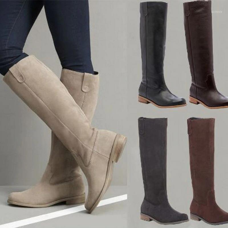 

vertvie Winter Boots Women Chunky Motorcycle Boots Solid Knee-high Platform Flock Leather Women Shoes Botas Mujer 20201