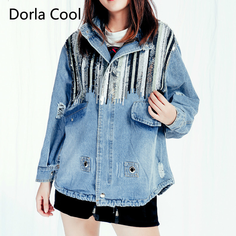 

New Cool Girl Denim Street Wear Personality Luxury Sequins Embroidered Female Jacket Stylish Jean Jackets Outerwear Clothes Ztfo, Blue