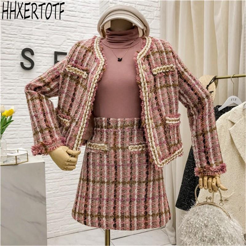 

2020 autumn winter Plaid Woolen Tweed 2 Piece Set Women Fringed Jacket Coat + Pencil Mini Skirt Set Ladies Two Piece Outfits, As picture
