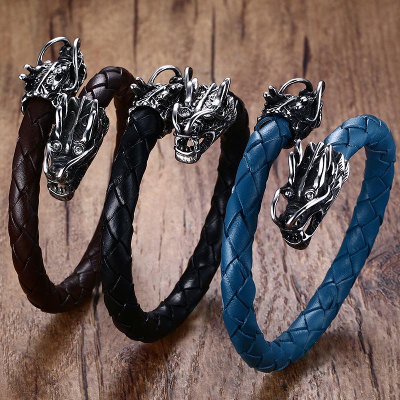 

Dragon Black Braided Leather Bracelets Male Adjustable Rock Dragon Head Stainless Steel Men Bracelets Bangles for Men Jewelry
