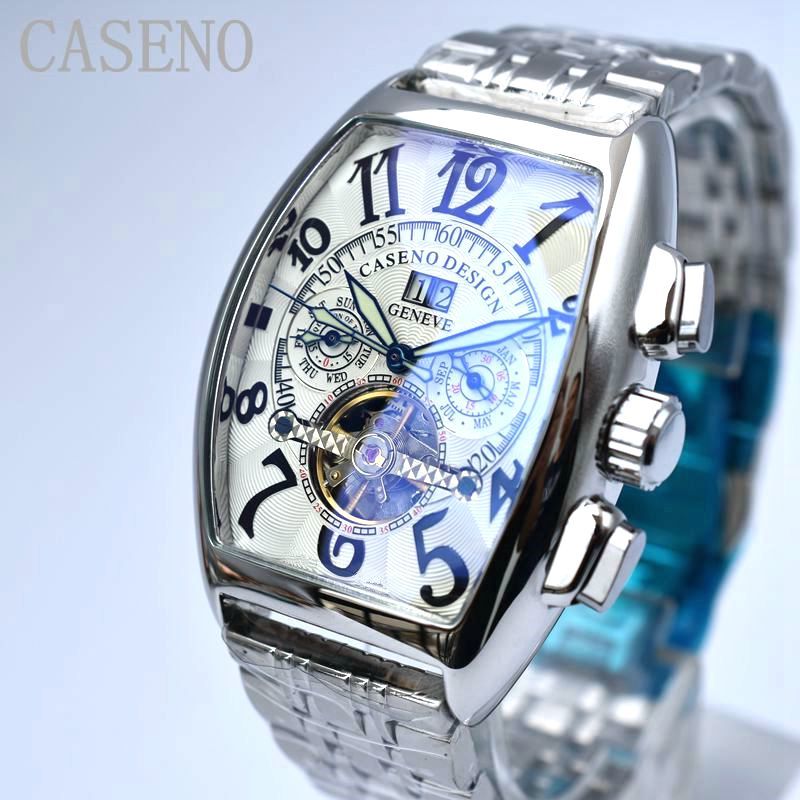 

CASENO Tourbillon Skeleton Automatic Mechanical Mens Watches Top Brand Luxury Military Sport Watch Stainless steel Male Clocks Y1214, White