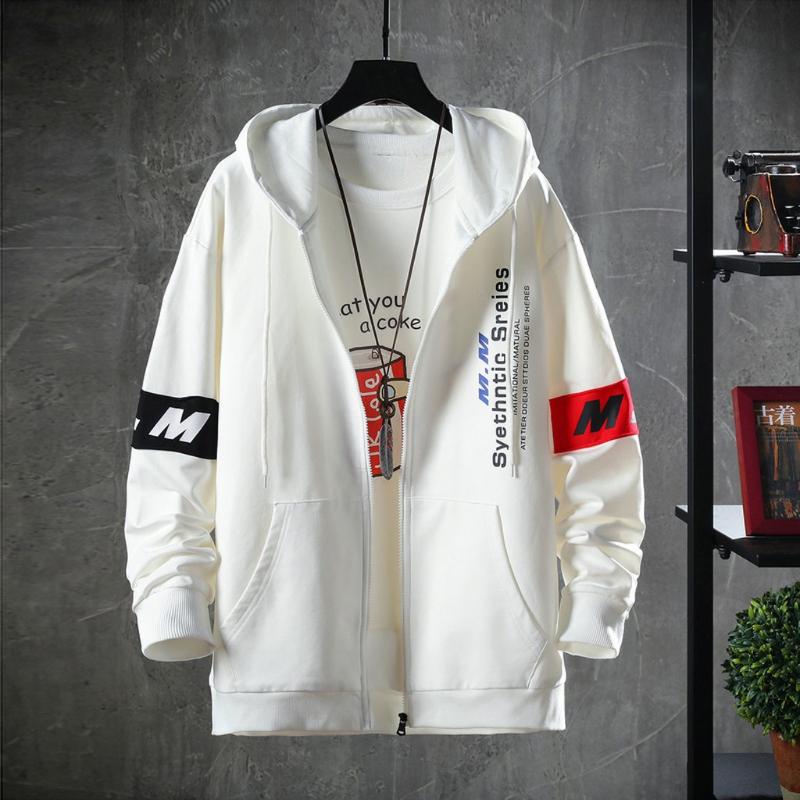 

Winter Male Jacket Hip Hop Casual Fashion Printing Patchwork Hoodie Long Sleeves Sweatershirt Coat Men's Jackets With A Zipper, Black