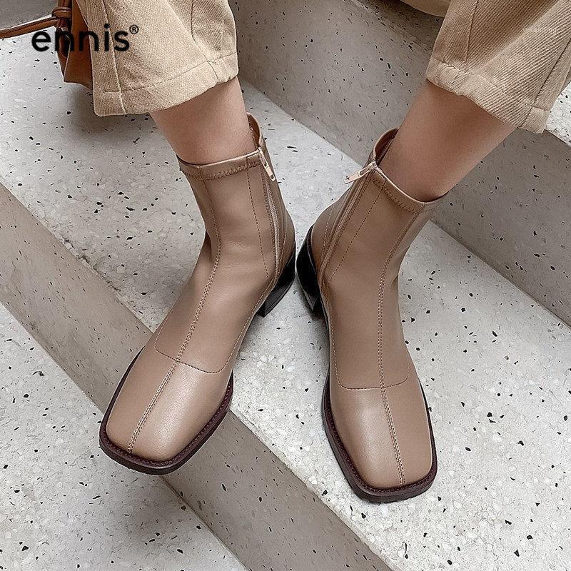 

ENNIS 2020 Simple Zipper Boots Low Heel Women Boots Square Toe Microfiber Stretch Ankle Autumn Winter Shoes NEW A00201, Brown