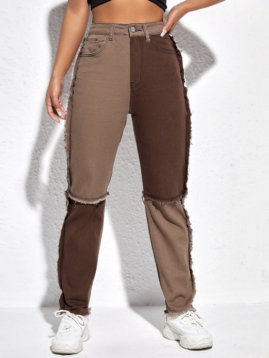 

Raw Trim Washed Spliced Jeans E12i#, Brown
