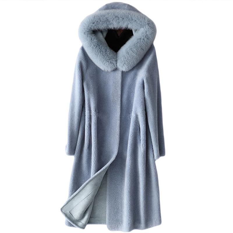 

Women' Sheep Shearing Coat Mid-Length Single-Breasted Hooded Fur Collar 100% Wool Girl Warm Jacket Fashionable Casual Style, Beige