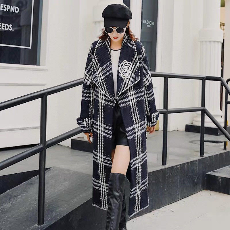 

2021 Female -autumn Wool Striped Beading Windbreaker Belt Midi Long Coat G37d, The photo