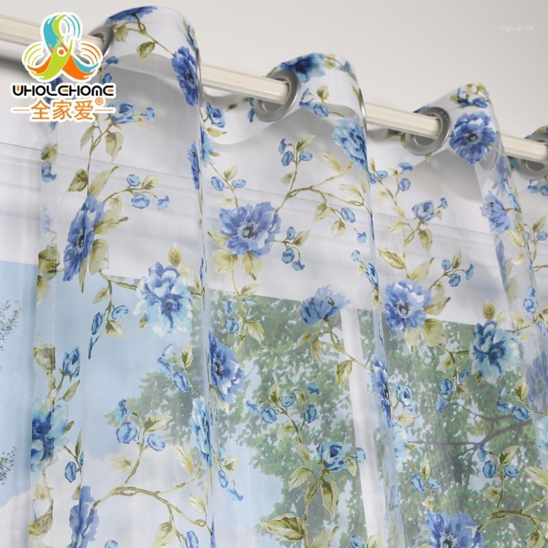 

Window Curtain Blue Flowers Transparent Sheer Voile Fabric For Home Living Room Screening 1PCS/Lot1, Rod pocket