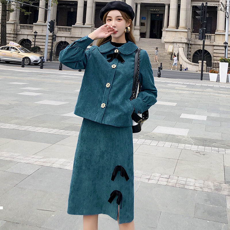 

inverno 2021 New terno das mulheres vintage cintura alta fenda mdio saia manga casaco veludo 2 peas y455 E7Y0, Suit