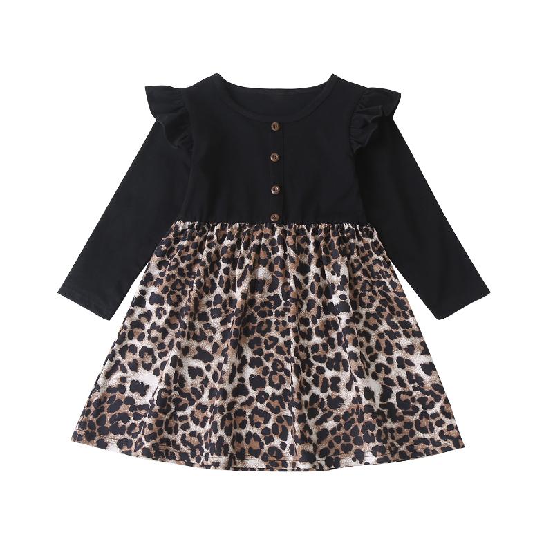 

1T-6T Toddler Baby Girl Dress Leopard Patchwork Dress Long Sleeve Round Neck Decorative Button Ruffle Leopard One-piece, As pic