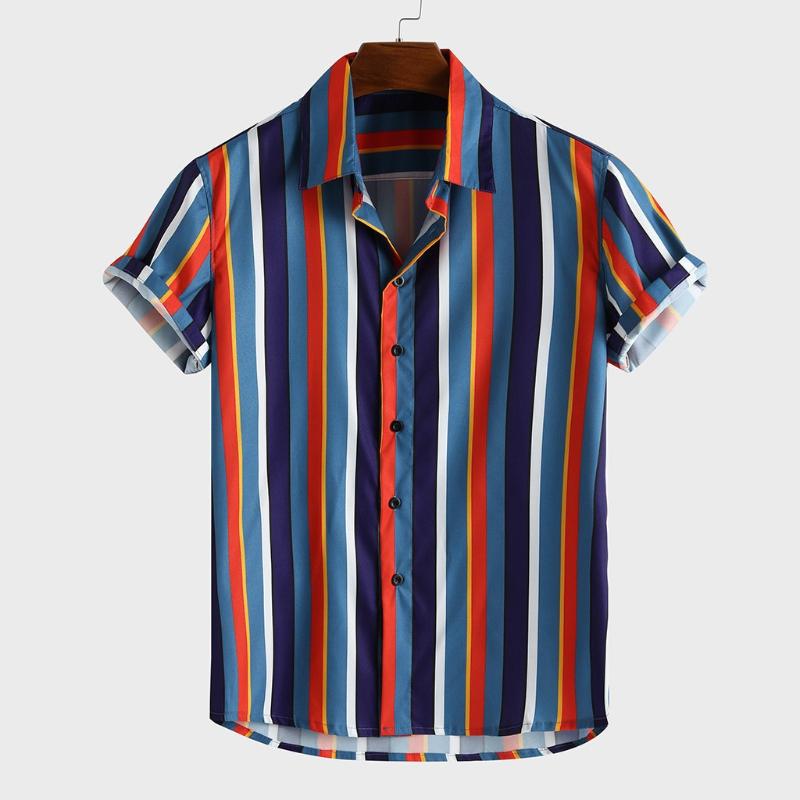 

Casual Shirt Blouse Men Summer Breathable Stripe Short Sleeve Loose Buttons Casual Blouse Beach Hawaii Camicia da uomo caldo, Black
