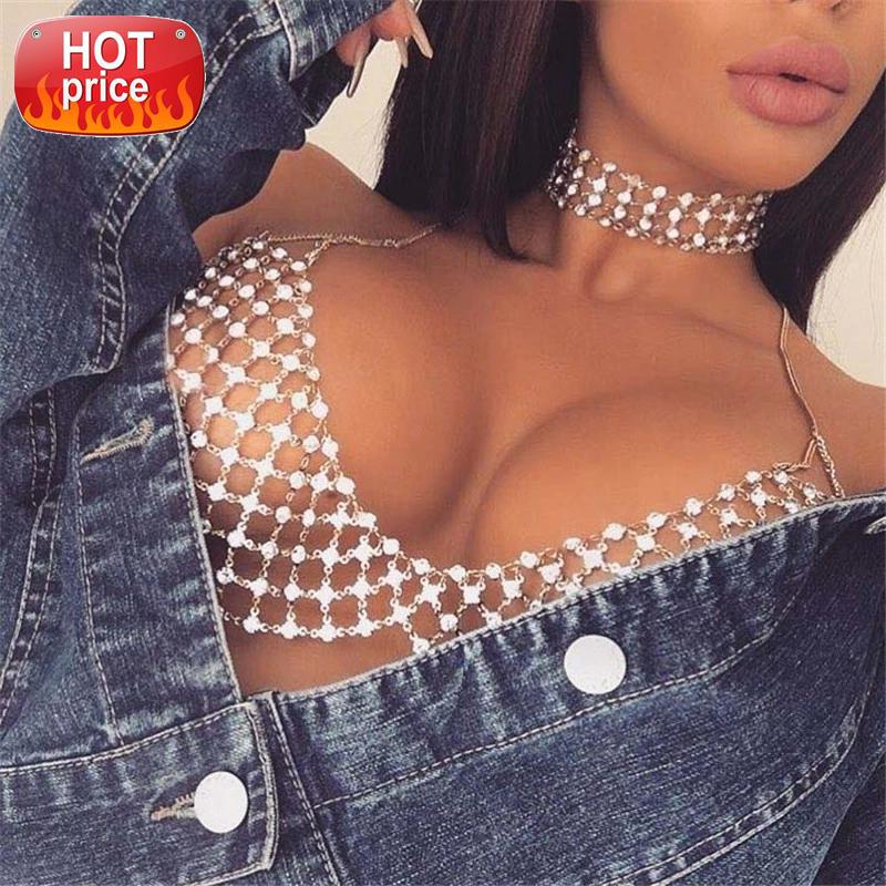 

AKYZO High Quality Handmade Rhinestones Camis Women Bling Tank Tops Shiny Beach Party Club Metal Chain Hollow Out Tops #vG15, White