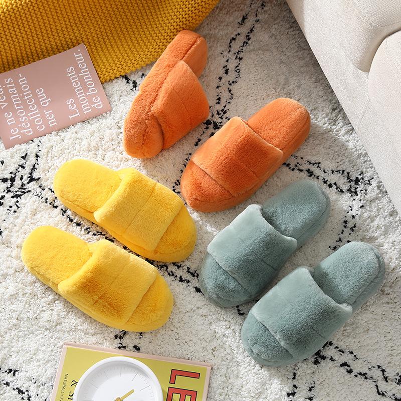 

Women Winter Flock Slippers Macarons Color Indoor Home Plush Slippers Women Warm Thick Rubber Flop Flips Cotton Shoes, Green