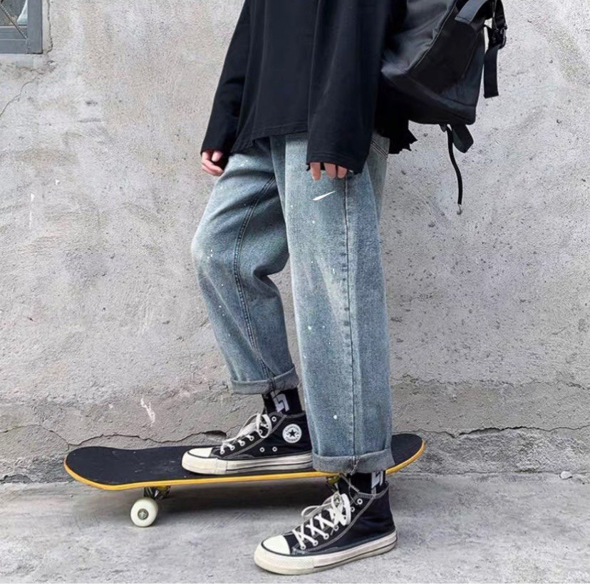 

Mens Loose Jeans Fashion Splash Ink Wide Legs Pants Men Straight Jeans Couple Models Casual Trousers Hot on Sell, Blue