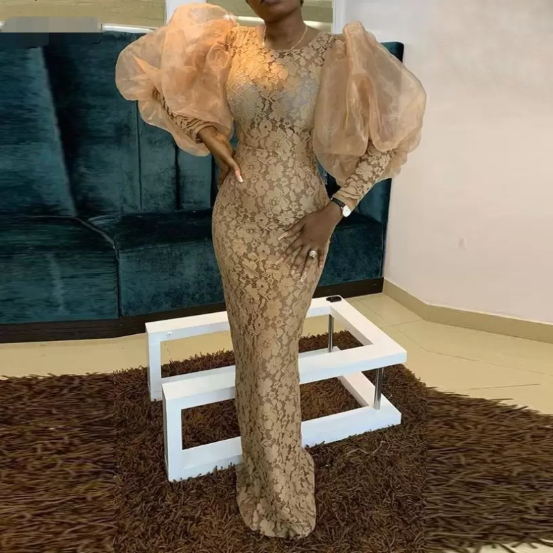 

2022 New Aso Ebi Vintage Gold Lace Evening Dresses Mermaid Floor Length Puffy Long Sleeves African Women Formal Dress Prom Gowns, Black;red