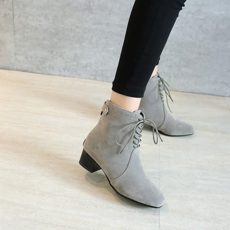

Big Size Ma'am Coarse heel Short boots Pure color Frenulum boot barrel Suede high-heeled boots1, Black