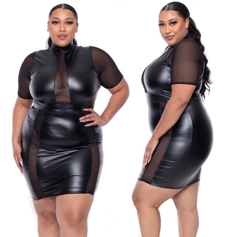 

Plus Size Dresses Black Women Summer Short Sleeve Mesh Dress Bodycon Pu Leather Club Outfit Wholesale Drop