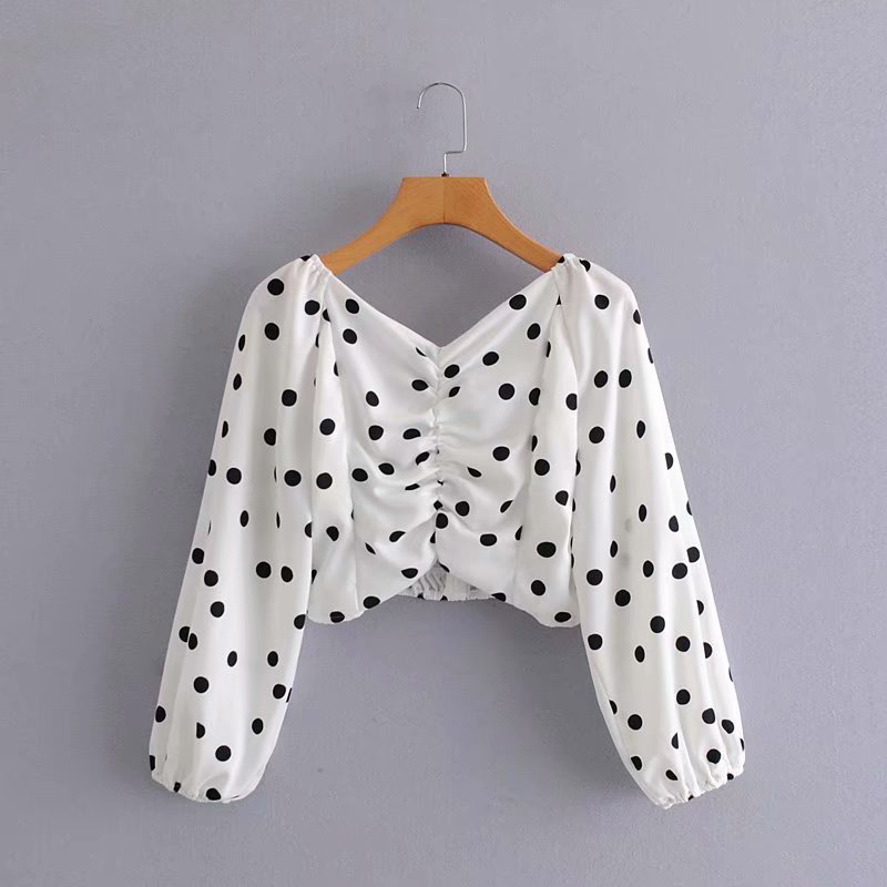 

2021 Spring Summer and Autumn New Style Polka Dot One Shoulder Puff Sleeve Simple Fashion Sexy Slim Long-sleeved Shirt Size -m, Ivory