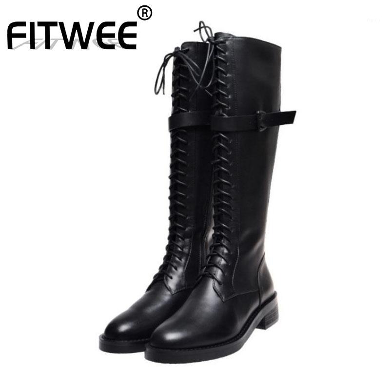 

FITWEE 2020 Sexy Women Knee High Boots Genuine Leather Chunky Heels Black Zipper Buckle Winter Long Boots Platform Size 33-401