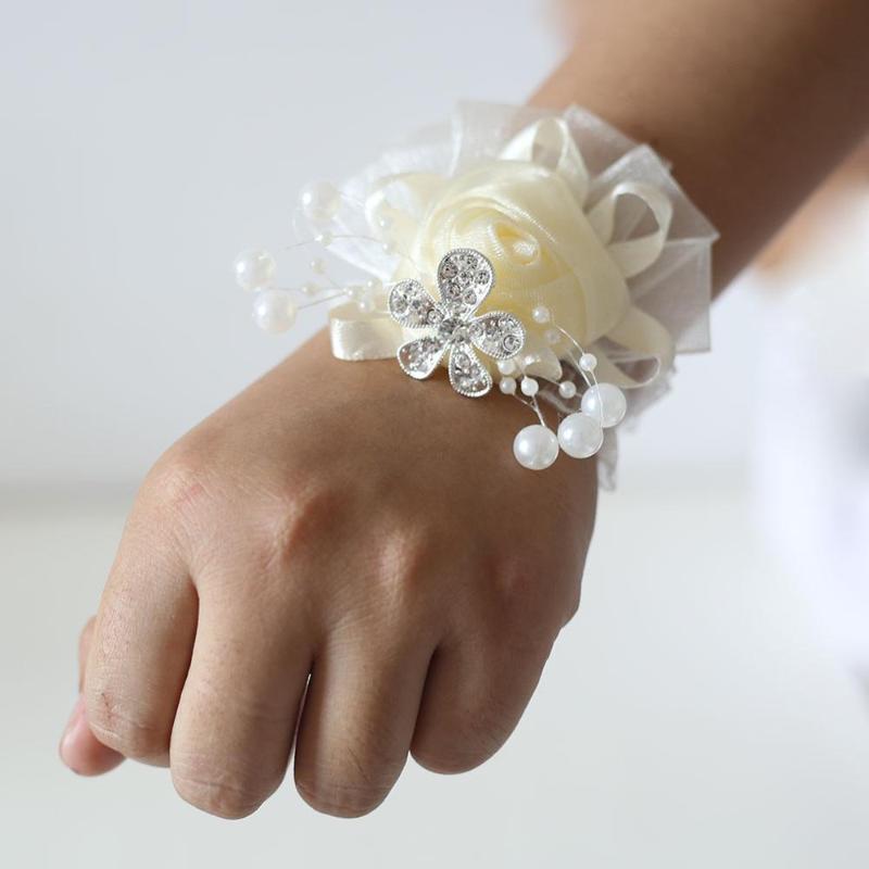 

Bride Pearl Wrist Corsage Bracelet Hand Flower Wedding Wrist Corsage for Bridesmaid Ivory Silk Rose Wedding Accessories SW978-6, Pink