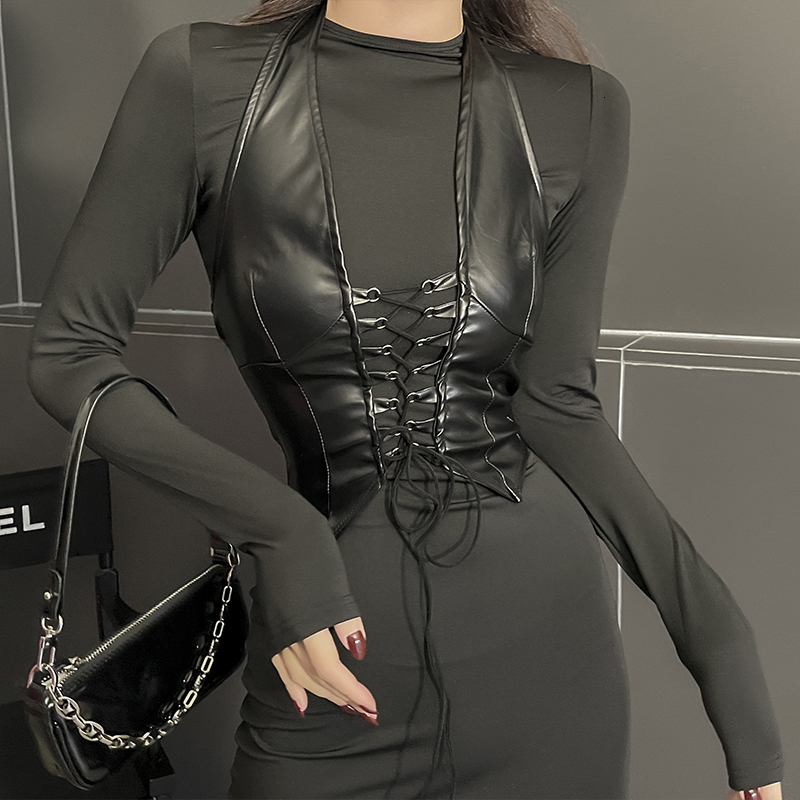 

2021 New -autumn Black Plutonium Leather Tight Cabresto Sexy Bandage Thin Vest 184Y
