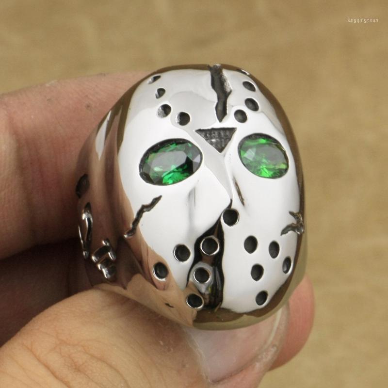 

316L Stainless Steel Halloween Jason Mask Hockey Green CZ Eyes Mens Ring 3F201A1