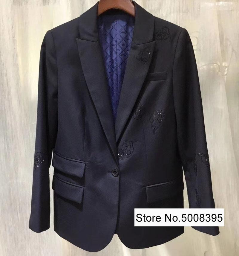

Woman Navy Blazer Leaves Rhinestone Strass Hot Fix Single Button Flap Pockets Long Sleeves Fashion Top 2021 New, Mathcing pants