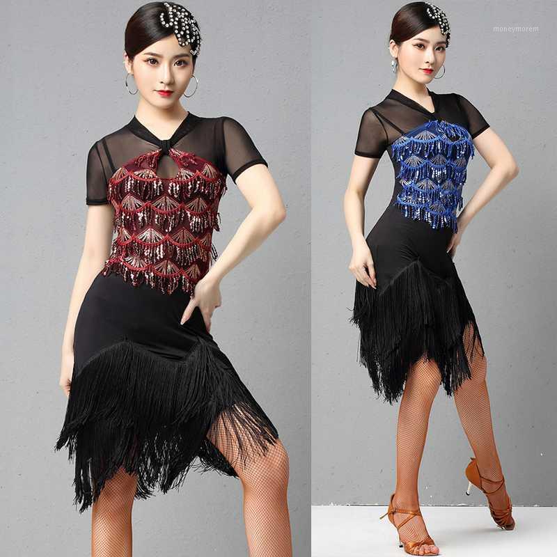 

Professional Latin Dance Performance Dress Female Sexy Mesh Short Sleeve Sequin Dresses For Ballroom Practice Clothes DL59461, Blue