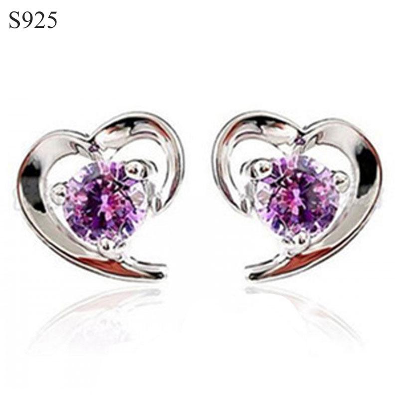 

Genuine Real Pure Solid 925 Sterling Silver Stud Earrings for Women Fine Jewelry Clear Purple Cubic Zircon Heart Female Earrings