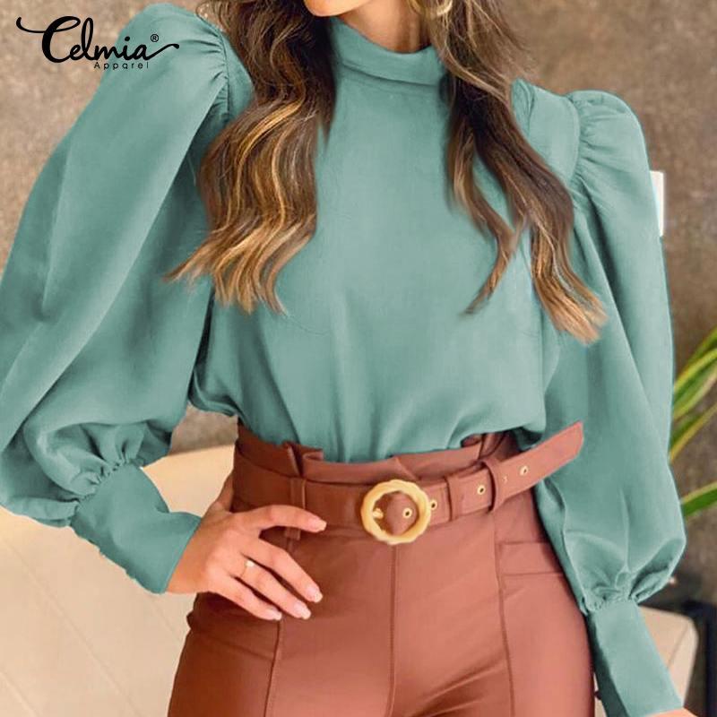 

Plus Size 5XL Celmia Women Elegant Shirt 2020 Fashion Office Blouses Female Stand Collar Tops Puff Sleeve Solid Casual Blusas, Black