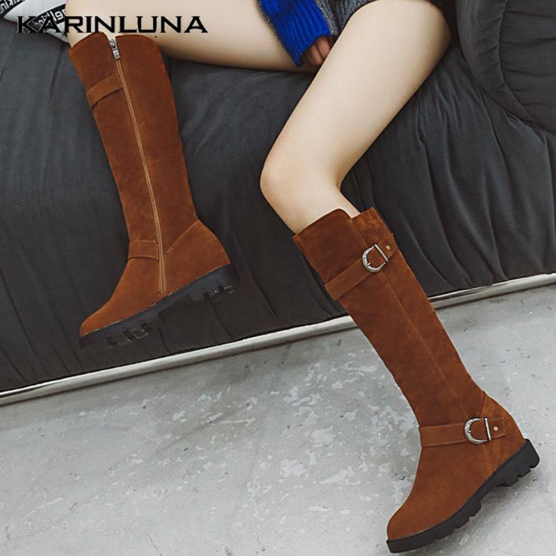 

Wholesale On Sale High Quality Stylish Shoes Round Toe Bcukle Straps Low Heels Zip Knee High Boots Short Plush Solid Flock, Beige