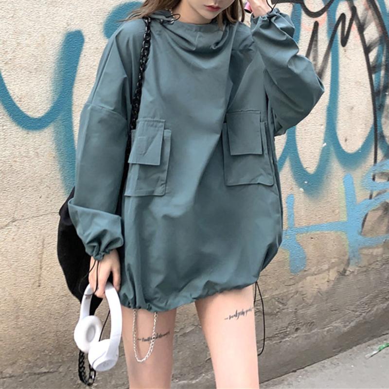 

Korean Version Pullover Loose Street Fashion Hooded Spring Autumn Long Sleeve Pocket Decoration Coat, Black