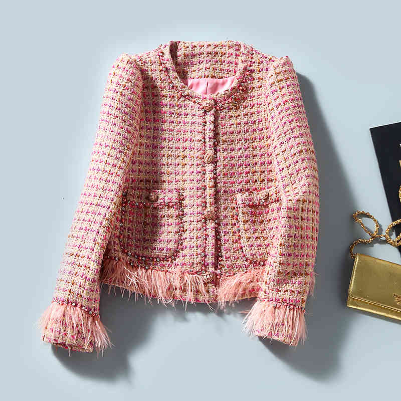 

Women' Wool & Blends Shenzhen wool tweed spring and autumn tassel long sleeve coat female light luxury celebrity small fragrance short 5T7J, Pink