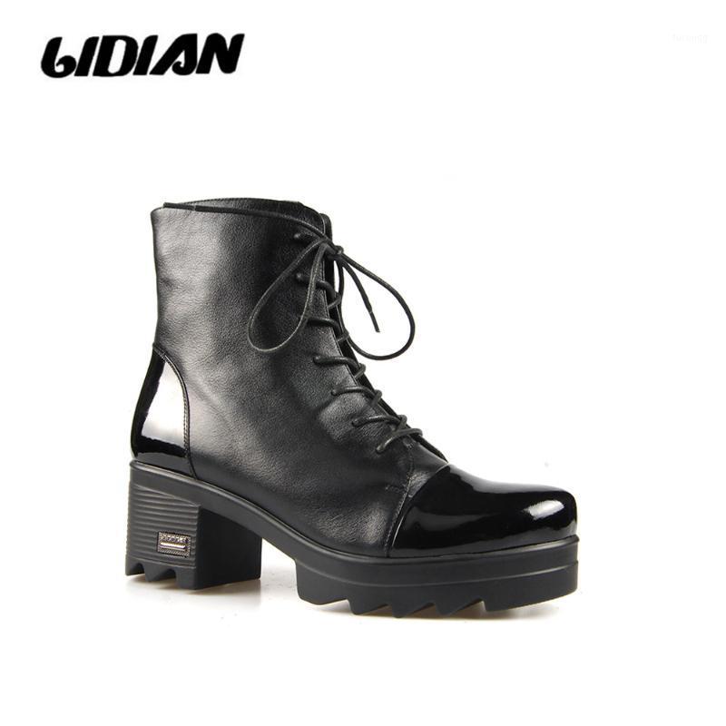 

LIDIAN Autumn Ankle Boots For Women high quality Genuine leather booties patent leather toe lace up B371, Black