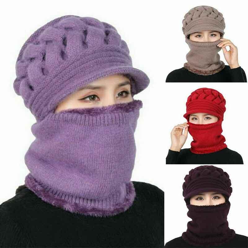 

Women Bib Beanie Hat Scarf Mask Set Pom Bobble Knitted Winter Snow Ski Cap, Red