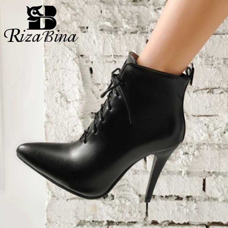 

RIZABINA Size 30-43 Women Ankle Boots Sexy Cross Strap Thin High Heel Winter Shoes Woman Pointed Toe Short Boot Lady Footwear, Black