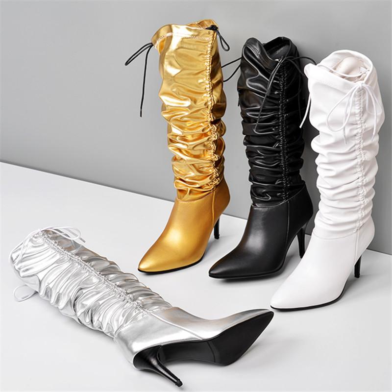 

2020 Genuine Leather Pleat Stretch Multifunction Women Boots Glitter Thin High Heels Cowhide Pure Color High Quality Shoes 8.5cm, Black