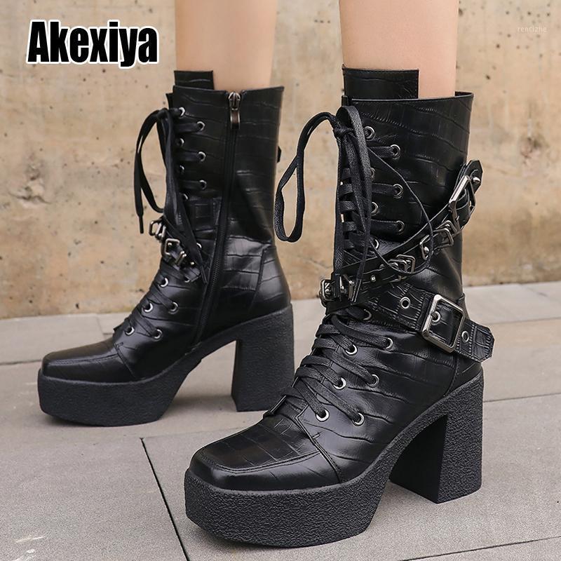 

High quality Motorcycle boots Genuine Leather Mid-Calf Boots Women fashion black Thick sole platform Shoes w1101
