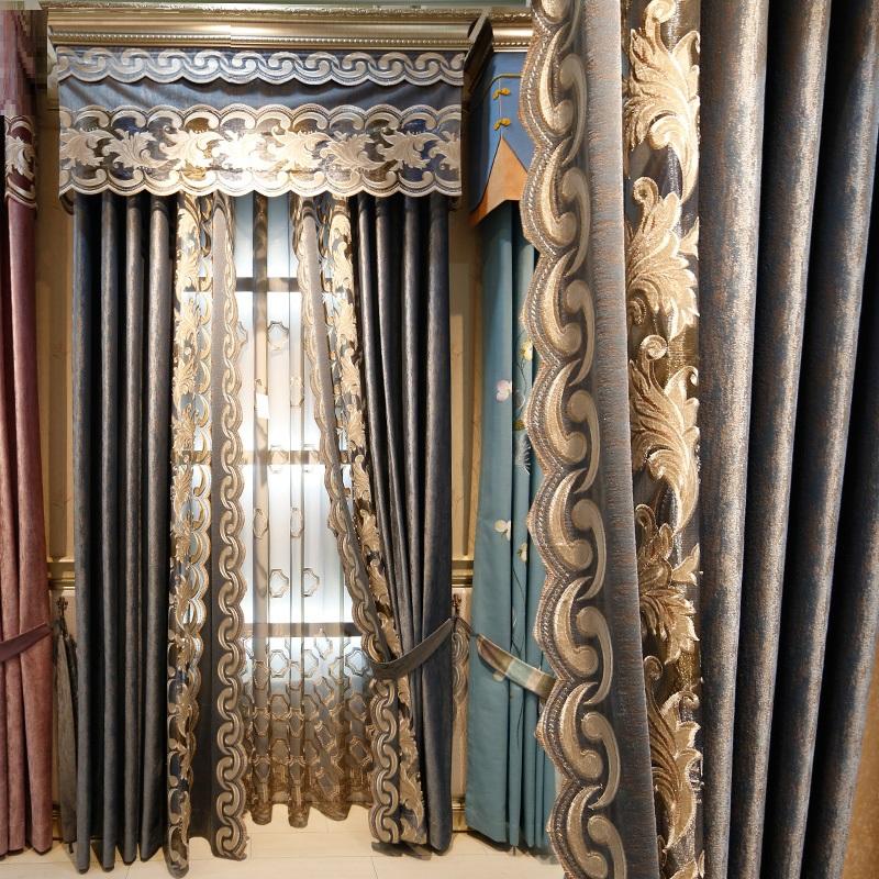 

European bedroom shade chenille curtain cloth atmosphere living room balcony hollow taped velvet embroidered curtain gauze, Tulle