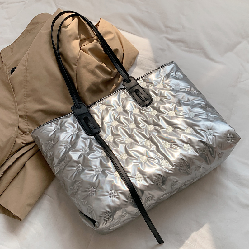 

Casual down women shoulder bags large capacity dwaterproof totes water nylon female purse cushion cotton space feather 2020, Silver